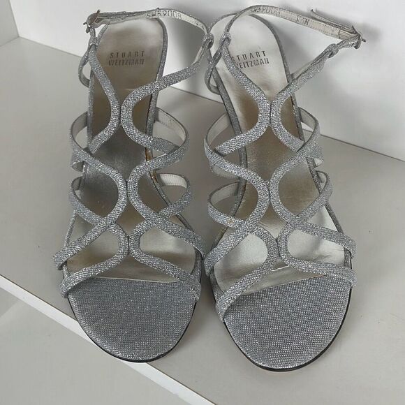 Stuart Weitzman Y2K Silver Slingback Strappy Heeled Sandals 9.5N - Picture 1 of 13